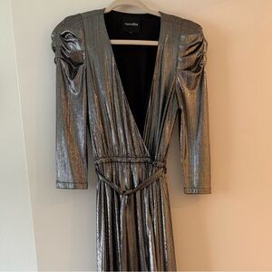 Retrofete | Flora Lamé Puffed Dleeves Wrap Maxi Dress | Metallic Silver | Size S